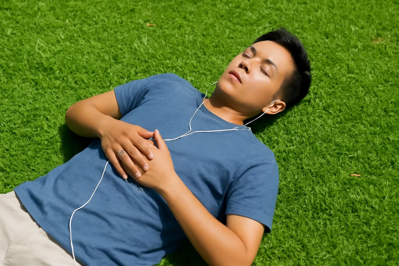 Chàng trai Việt nằm trên bãi cỏ công viên, nhắm mắt đeo tai nghe nhẩm đọc