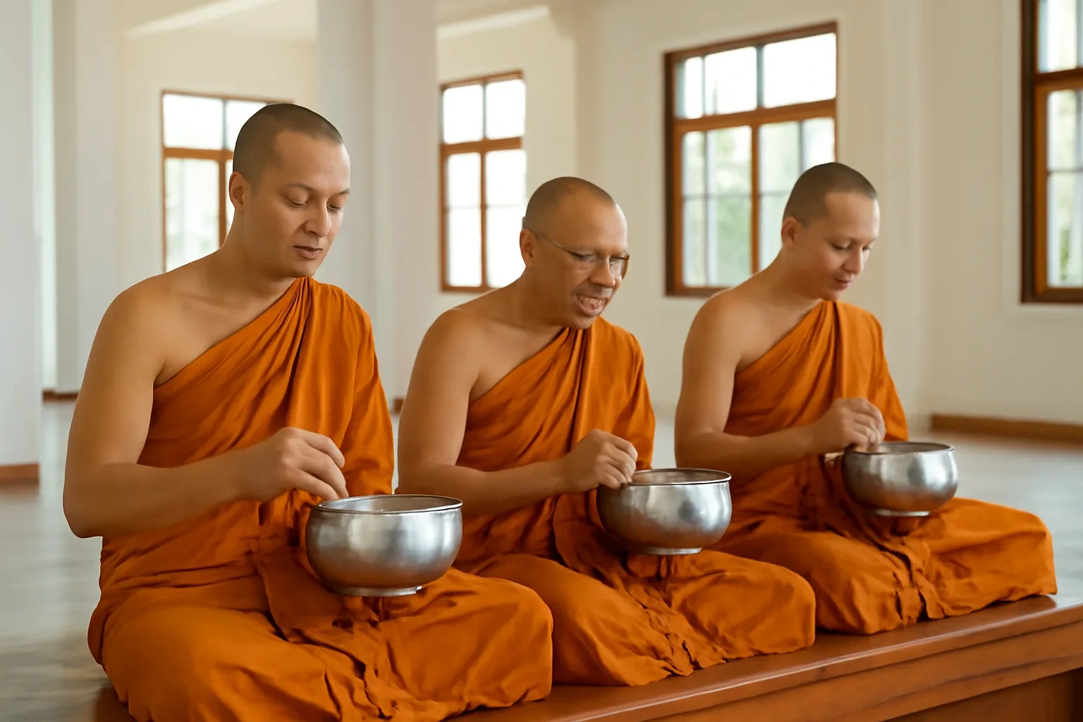 Ba nhà sư mặc áo cà sa ngồi thành hàng dùng bữa trưa trong chánh điện yên tĩnh
