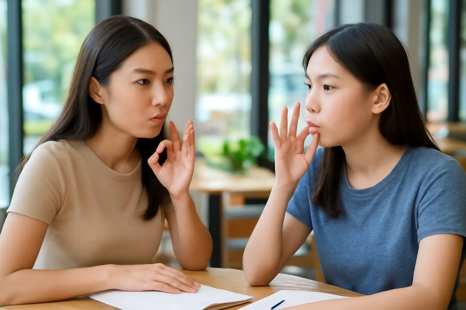 Cô giáo Thái đưa tay trước môi làm mẫu cách phát âm cho học viên Việt ở quán cà phê