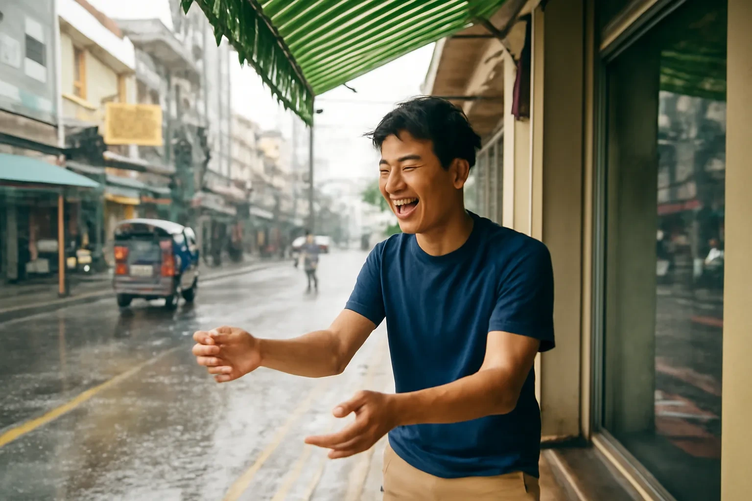 Chàng trai trú mưa dưới mái hiên cửa hàng ở Bangkok, vừa cười vừa phủi nước trên tay