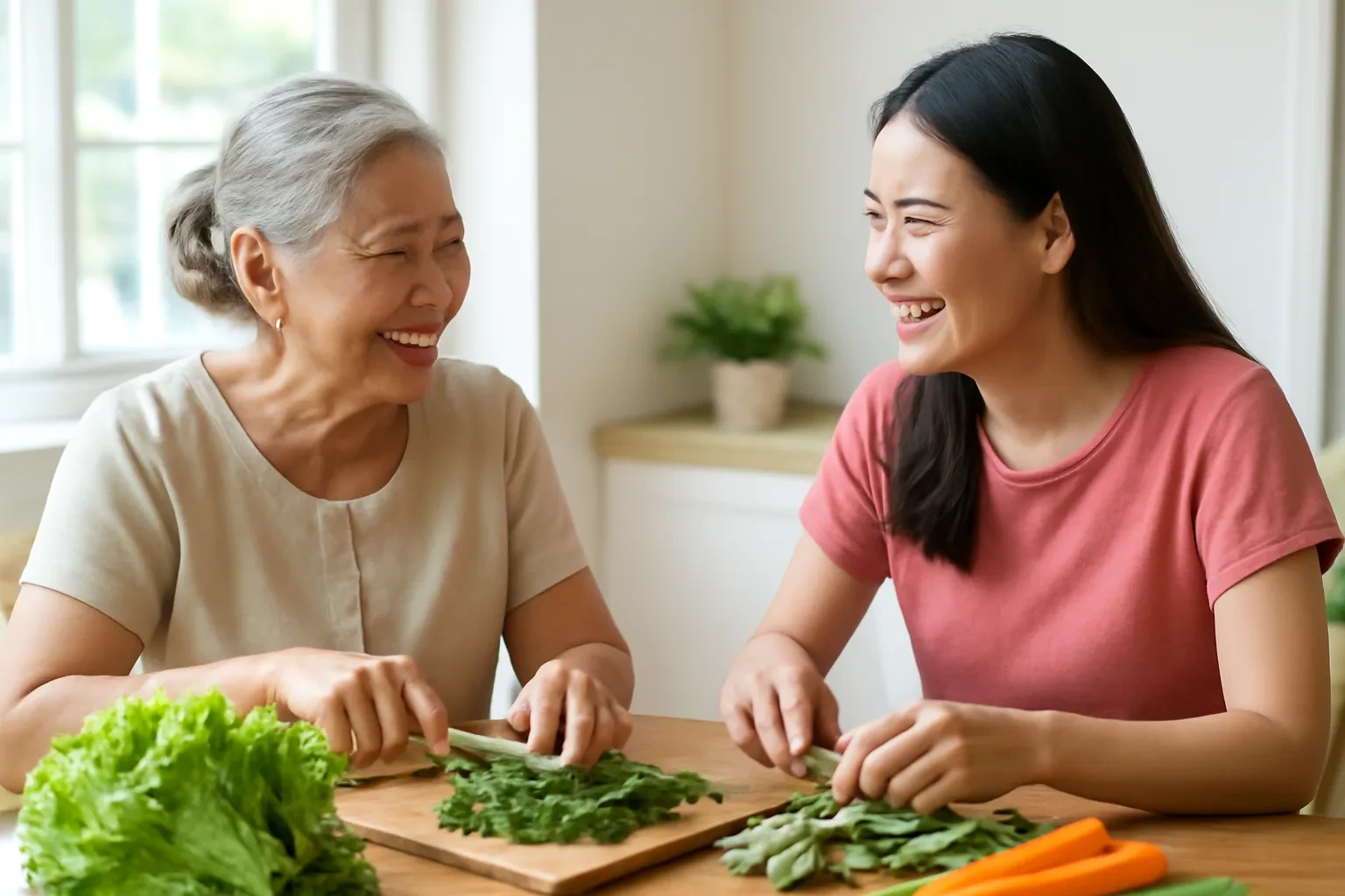 Bà cụ người Thái và cô gái trẻ trò chuyện khi nhặt rau bên bàn bếp