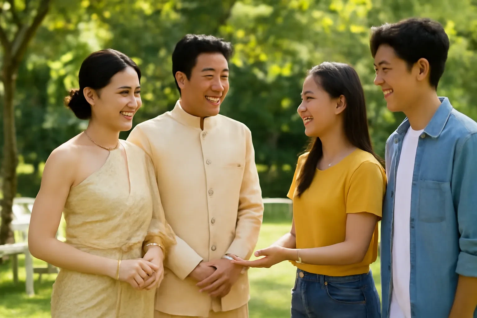 Cô dâu chú rể người Thái nhận lời chúc mừng từ hai vị khách Việt trong tiệc cưới ngoài vườn