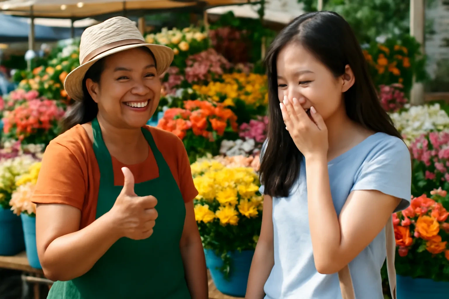 Người bán hoa Thái giơ ngón cái khen, cô gái Việt che miệng cười ngượng
