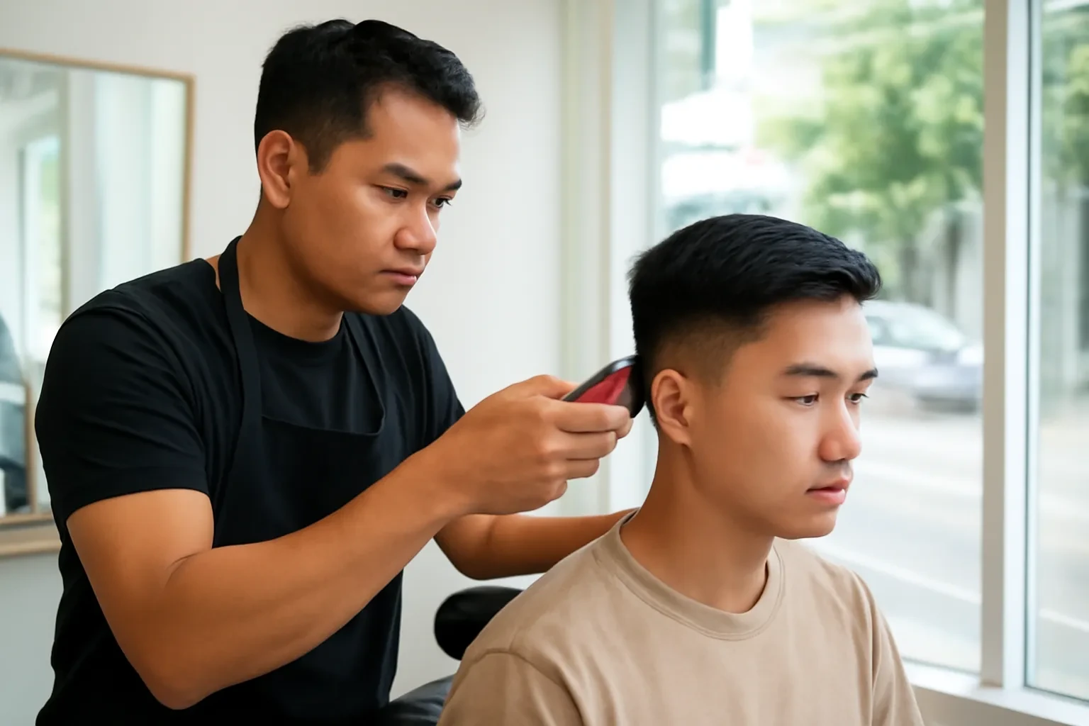 Thợ cắt tóc Thái dùng tông đơ cắt phần tóc bên hông cho một thanh niên Việt