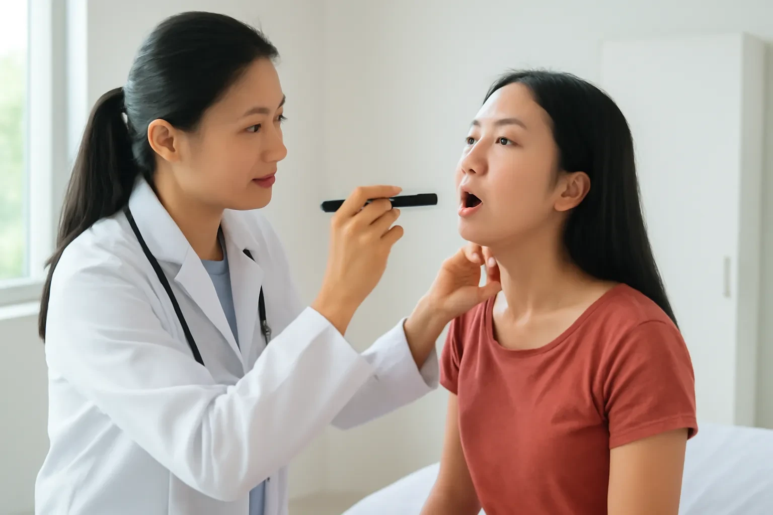 Bác sĩ người Thái cầm đèn soi kiểm tra họng cho cô gái ngồi trên giường khám