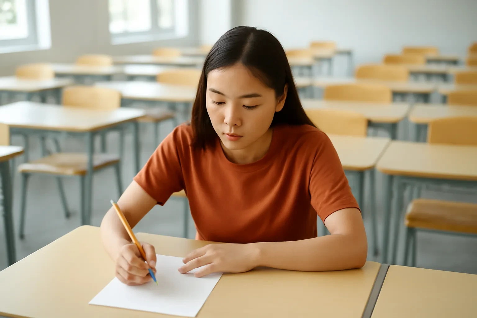 Sinh viên ngồi một mình trong phòng thi yên tĩnh, tay cầm bút chì, phía sau là các hàng bàn trống