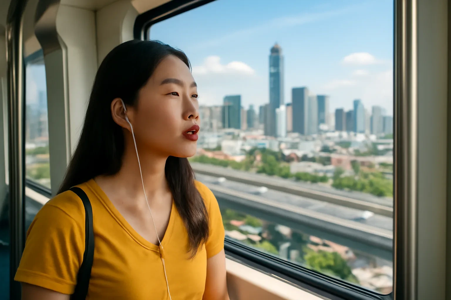 Cô gái đeo tai nghe đứng bên cửa sổ tàu điện trên cao ở Bangkok, vừa nhìn thành phố vừa nhẩm từ