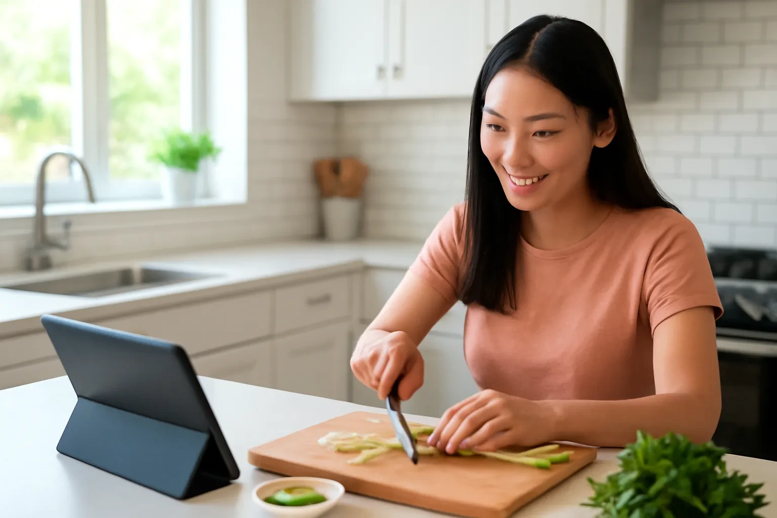 Cô gái Việt thái sả trong bếp, máy tính bảng dựng cạnh để xem video nấu ăn