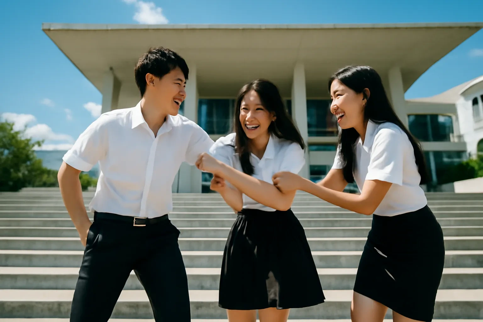 Ba sinh viên Thái áo trắng cười đùa xô đẩy nhau trên bậc thềm giảng đường